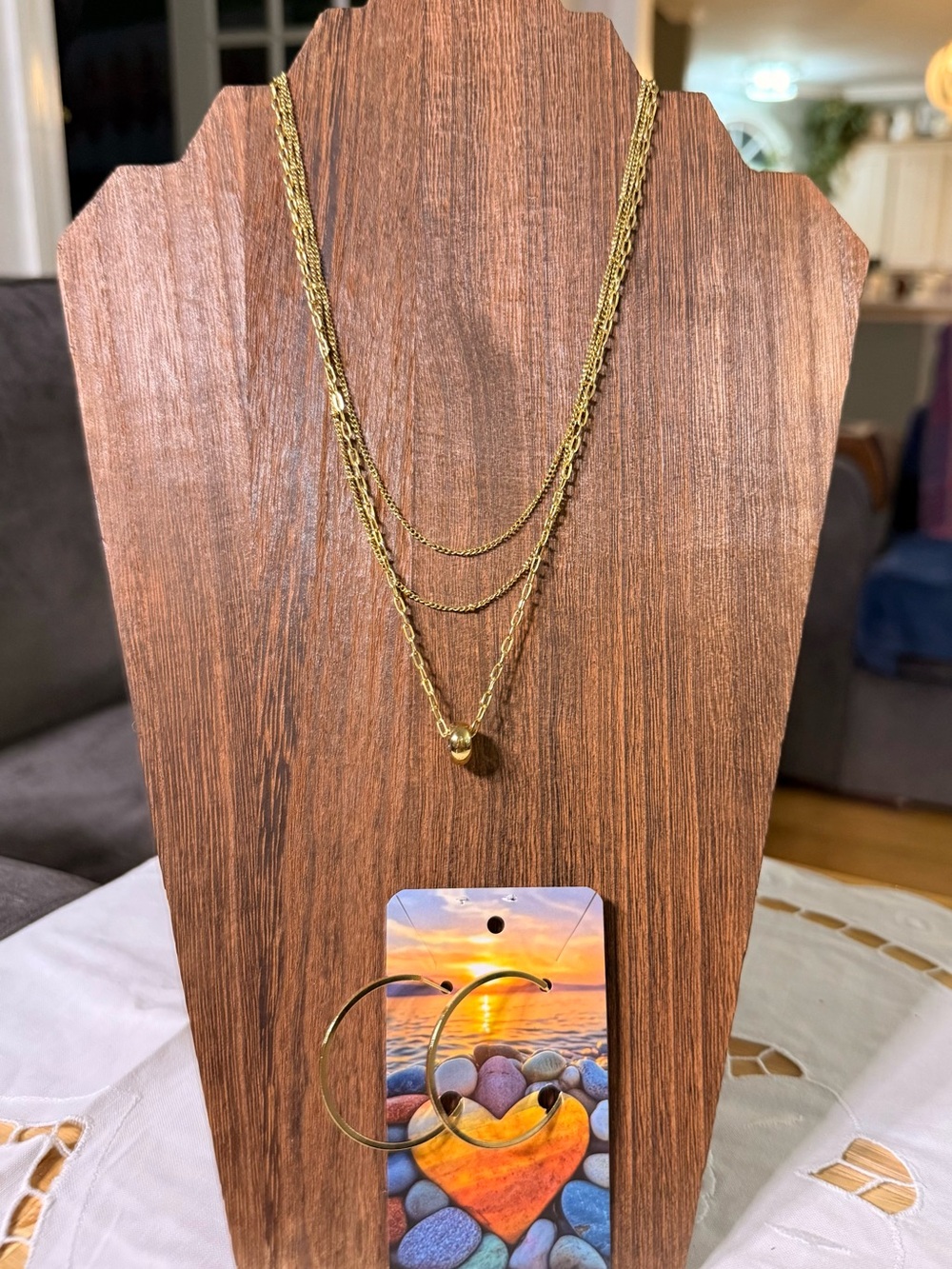 Gold Layered Heart Pendant Necklace and Hoop Earrings Set